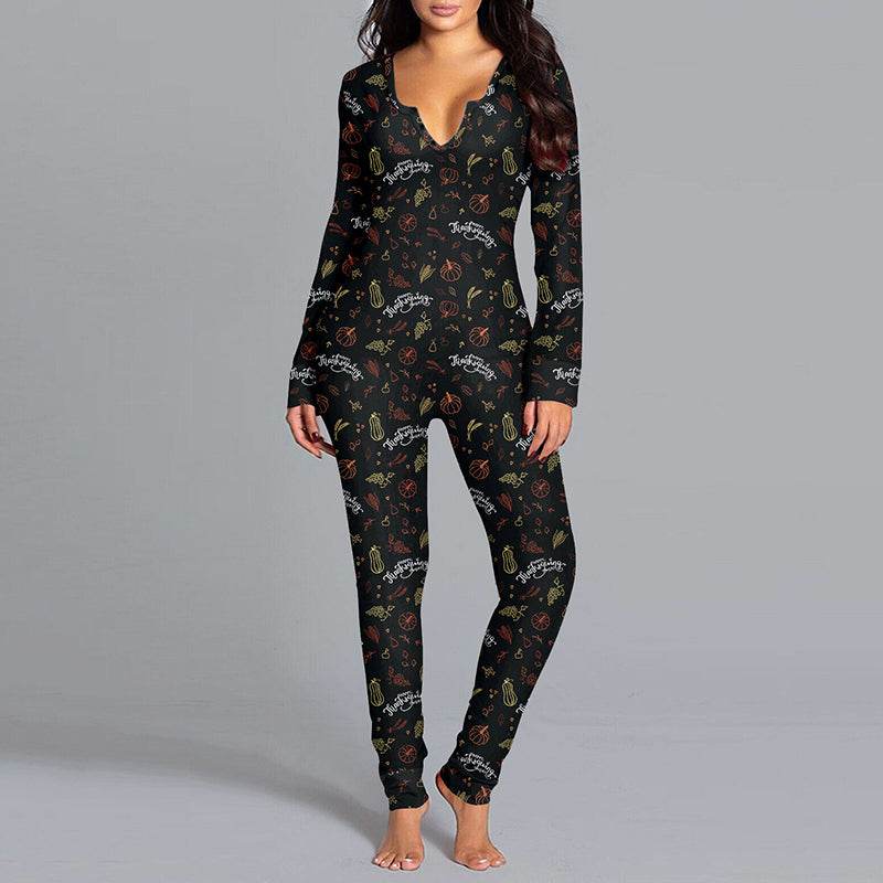 Halloween Printed Jumpsuit Long Sleeve Home Pajamas Casual Trousers Women's Cos Clothing - Here2Save