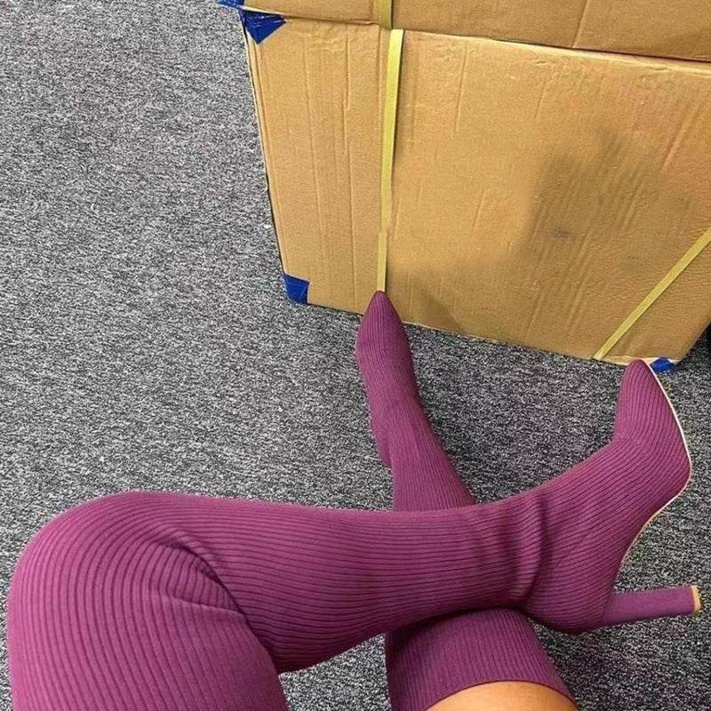 Over Knee Long Boots Pointed Toe High Heel Stretch Knitting Shoes Women Winter Boot - Here2Save