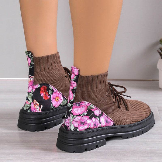 Flowers Print Sock Boots Knitted Mesh Shoes Breathable High-top Elastic Slip-on Shoes For Women Autumn Winter Ankle Boots - Here2Save