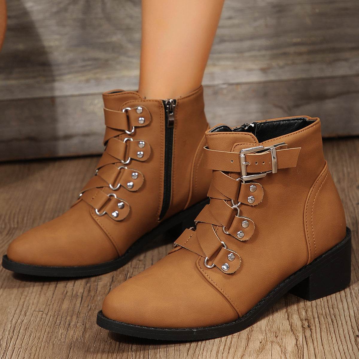 Women Ankle Boots With Side Zipper And Belt Buckle Knight Boot Winter Square Heel Pointed Toe Shoes - Here2Save
