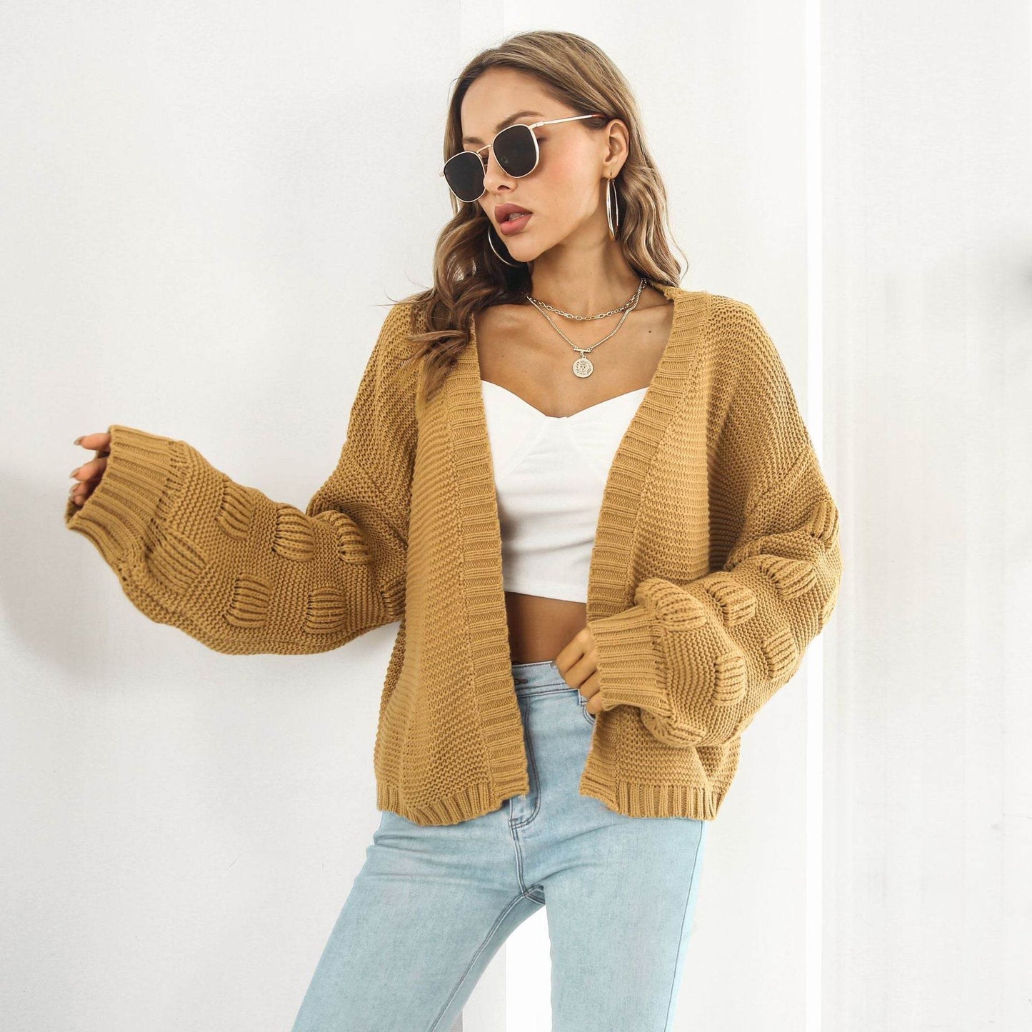 Puff Sleeve Cardigan Sweater Women Clothes Front Chunky Knitwear Coat - Here2Save