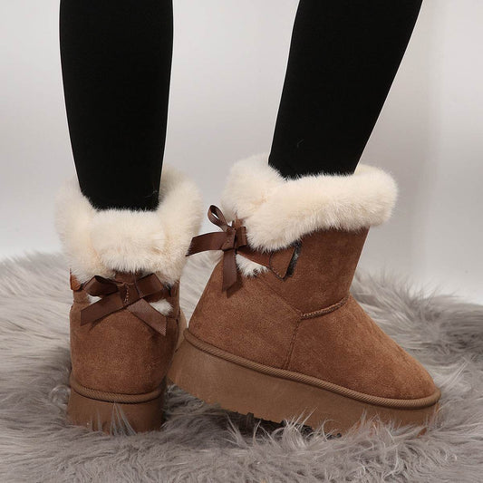 New Bow-knot Snow Boots Winter Plus Velvet Warm Thick-soled Ankle Boots For Women Simple Daily Leisure Cotton Shoes - Here2Save