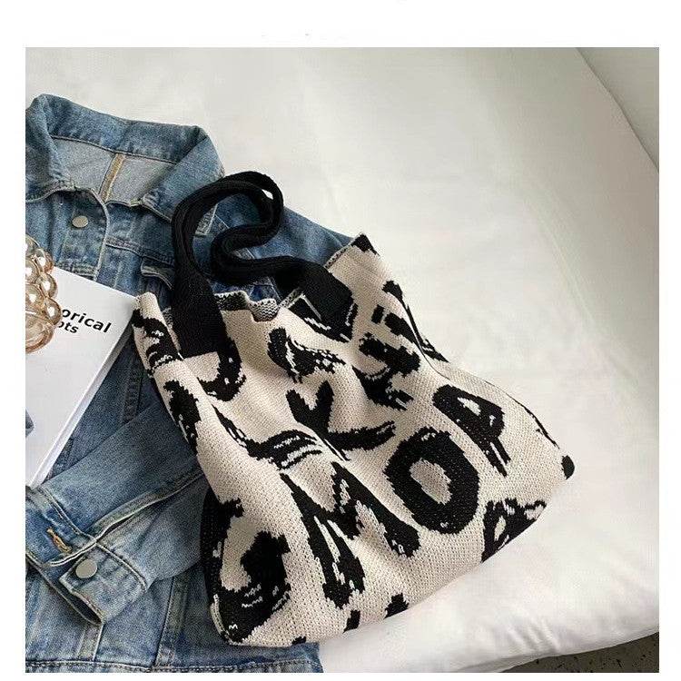 Letter Printed Knit Bag Fashion Shopping Shoulder Bag Large Capacity Handbag - Here2Save