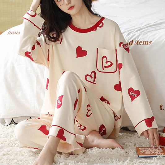 Loose Print Pajamas Women Autumn Winter Pyjama Set Long Sleeves And Trousers Elegant Sleepwear Girl Loungewear Home Clothes - Here2Save