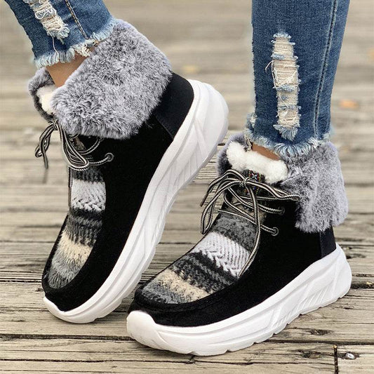 Lace-up Snow Boots Women's Fuzzy Mied-color Soft Sole Platform Thermal Lined Shoes Winter Non-slip Plush Boots - Here2Save
