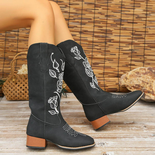 Flower Embroider Mid Calf Cowboy Boots Women Autumn Winter Chunky Heels Western Boots Square Toe Denim Long Boots Fashion Shoes - Here2Save