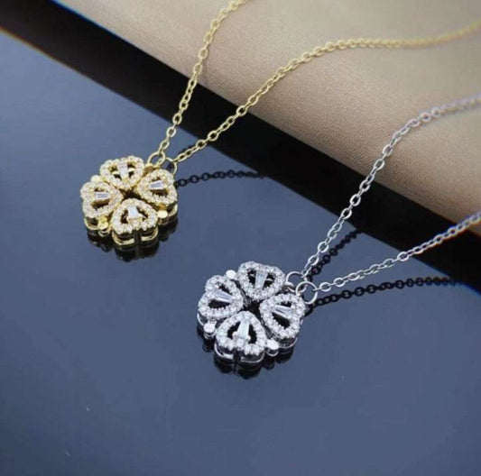 Retro Magnetic Folding Heart Shaped Four Leaf Clover Pendant Necklace Women Love Clavicle Chain Gifts Openable Choker Jewelry - Here2Save
