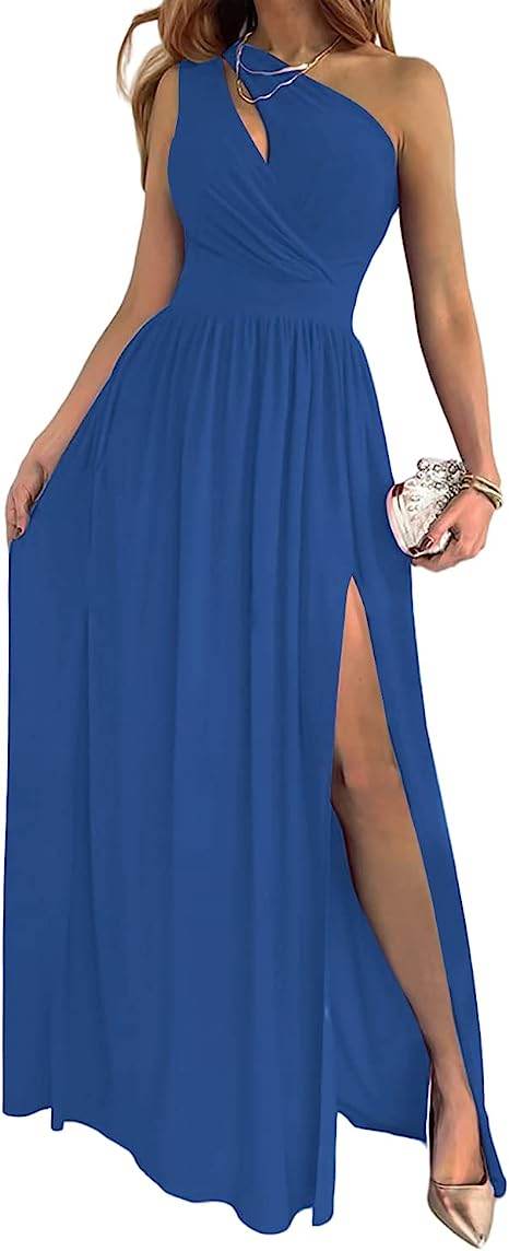 Women's One Shoulder High Split Cutout Sleeveless Elegant Sexy Cocktail Maxi Dress - Here2Save