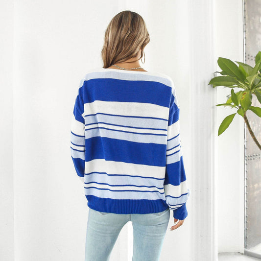 Women's Fashionable Loose Striped V-neck Long-sleeved Sweater - Here2Save