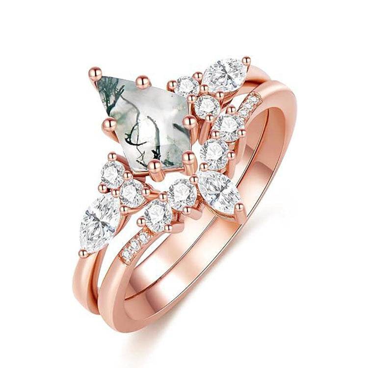 2pcs Fashion Rings Natural Green Moss Stone Agate Ring For Women Personalized Jewelry - Here2Save