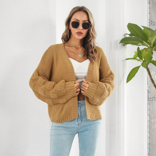 Puff Sleeve Cardigan Sweater Women Clothes Front Chunky Knitwear Coat - Here2Save