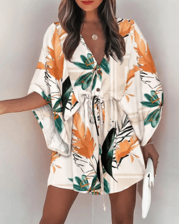 Women's V-Neck Tie Printed Beach Dress - Here2Save