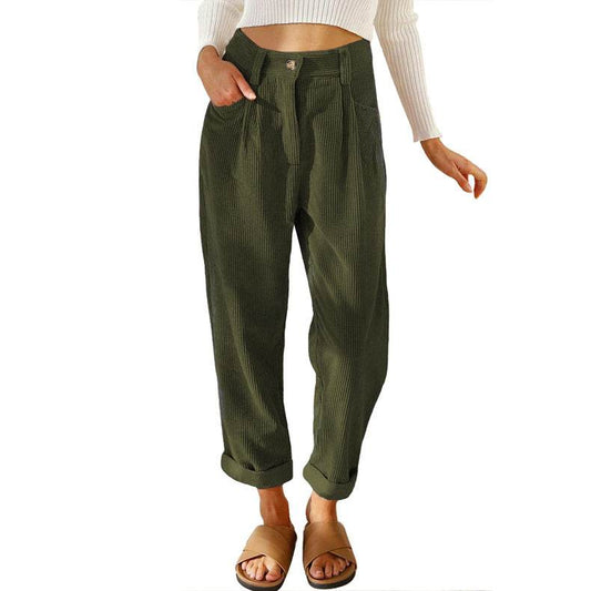 Women's High Waist Casual Pants Corduroy Loose Straight Trousers - Here2Save