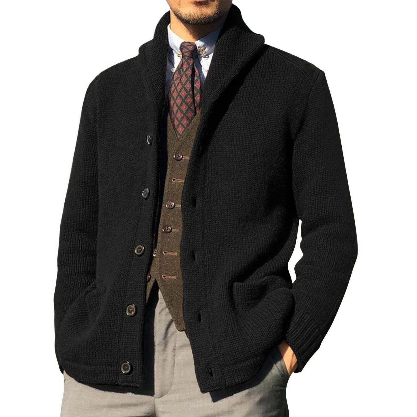 New Sweater Men's Euro American Solid Long Sleeve Knitted Cardigan - Here2Save