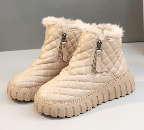 Women's Plaid Pattern Platform Ankle Boots Casual Side Zipper Plush Lined Snow Boots Winter Comfortable Short Boots - Here2Save