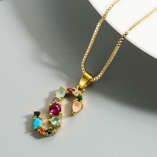 Female Colored Gemstone Necklace Gold-plated Copper With 26 English Letters Clavicle Chain - Here2Save