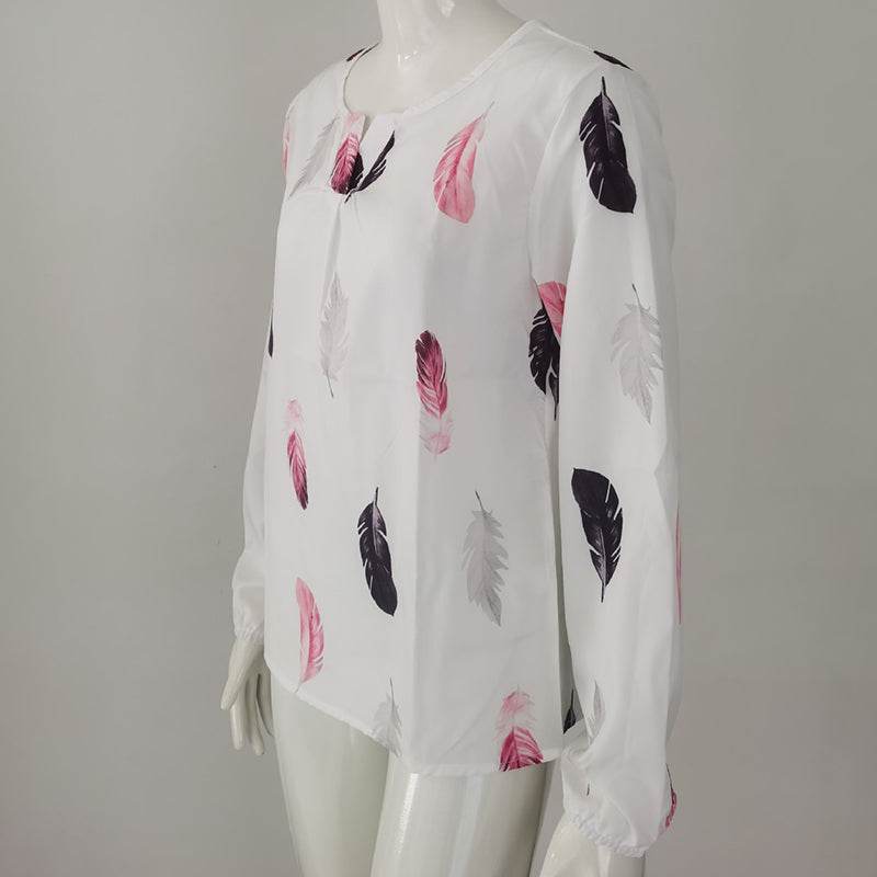 Feather Print Polo Shirt Long Lantern Sleeve Shirt Turndown Collar Breasted Tops Clothes - Here2Save