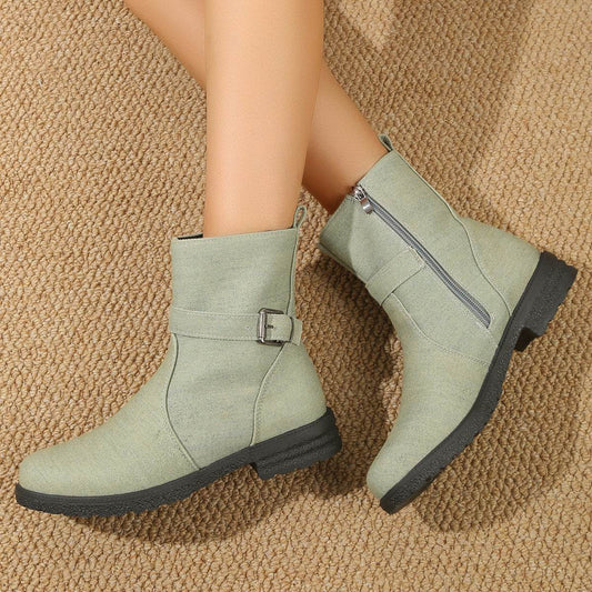 Flowers Print Ankle Boots Women Retro Belt Buckle Chunky Heels Cowboy Boots With Side Zipper Autumn And Winter Round Toe Shoes - Here2Save
