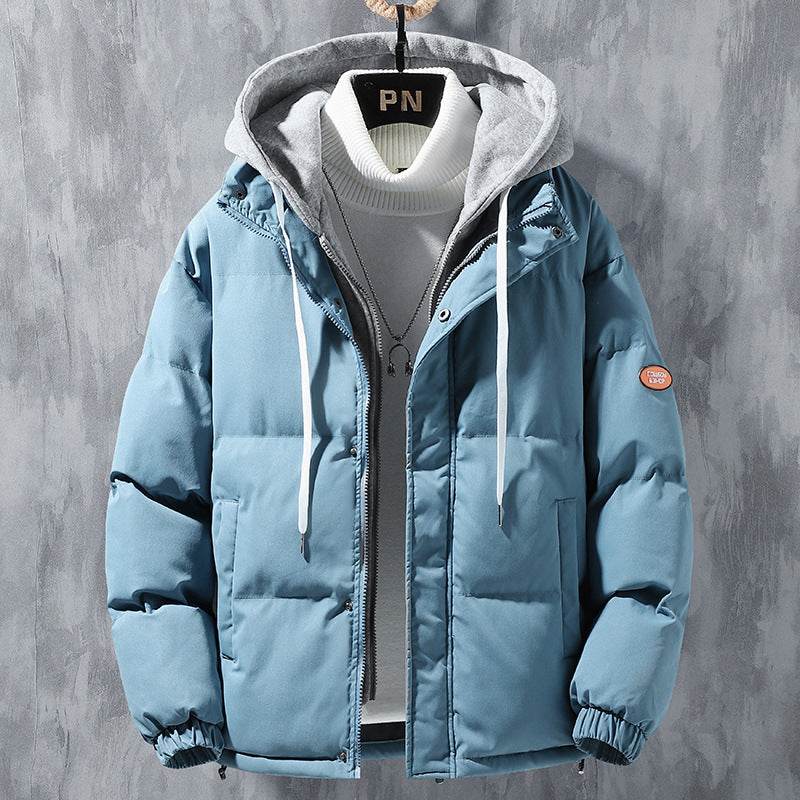 Fashion Hooded Jacket Men Winter Windproof Thickened Fake Two-piece Coat Solid Leisure Sports Cotton Jacket - Here2Save