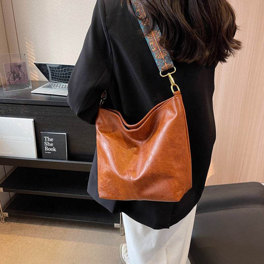Retro Bucket Bag Retro Print Wide Shoulder Strap Messenger Shoulder Bags Solid Color Shopping Daily Commuter Handbag - Here2Save