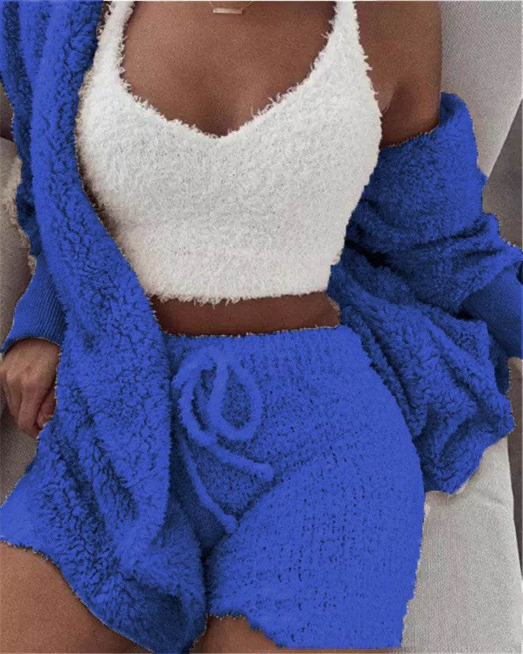 Winter Sexy Women Home Wear Suit Casual Pajamas Set Lady Female Soft Warm Long Sleeve Exposed Navel Vest Shorts Set - Here2Save