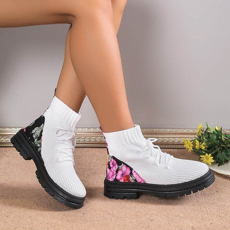 Flowers Print Sock Boots Knitted Mesh Shoes Breathable High-top Elastic Slip-on Shoes For Women Autumn Winter Ankle Boots - Here2Save