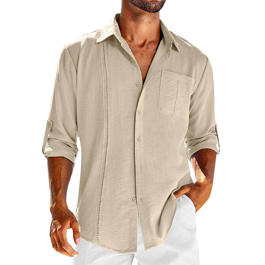 Casual Long Sleeve Shirt With Pocket Lace Polo Collar Solid Color Button Mens Clothing - Here2Save