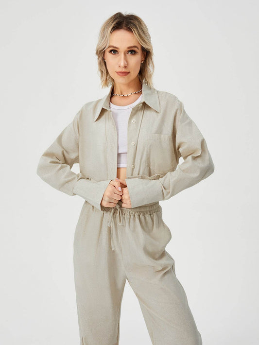 Women Two Piece Outfits For Women Long Sleeve Button Down Wide Leg Loungewear Pajama Set - Here2Save