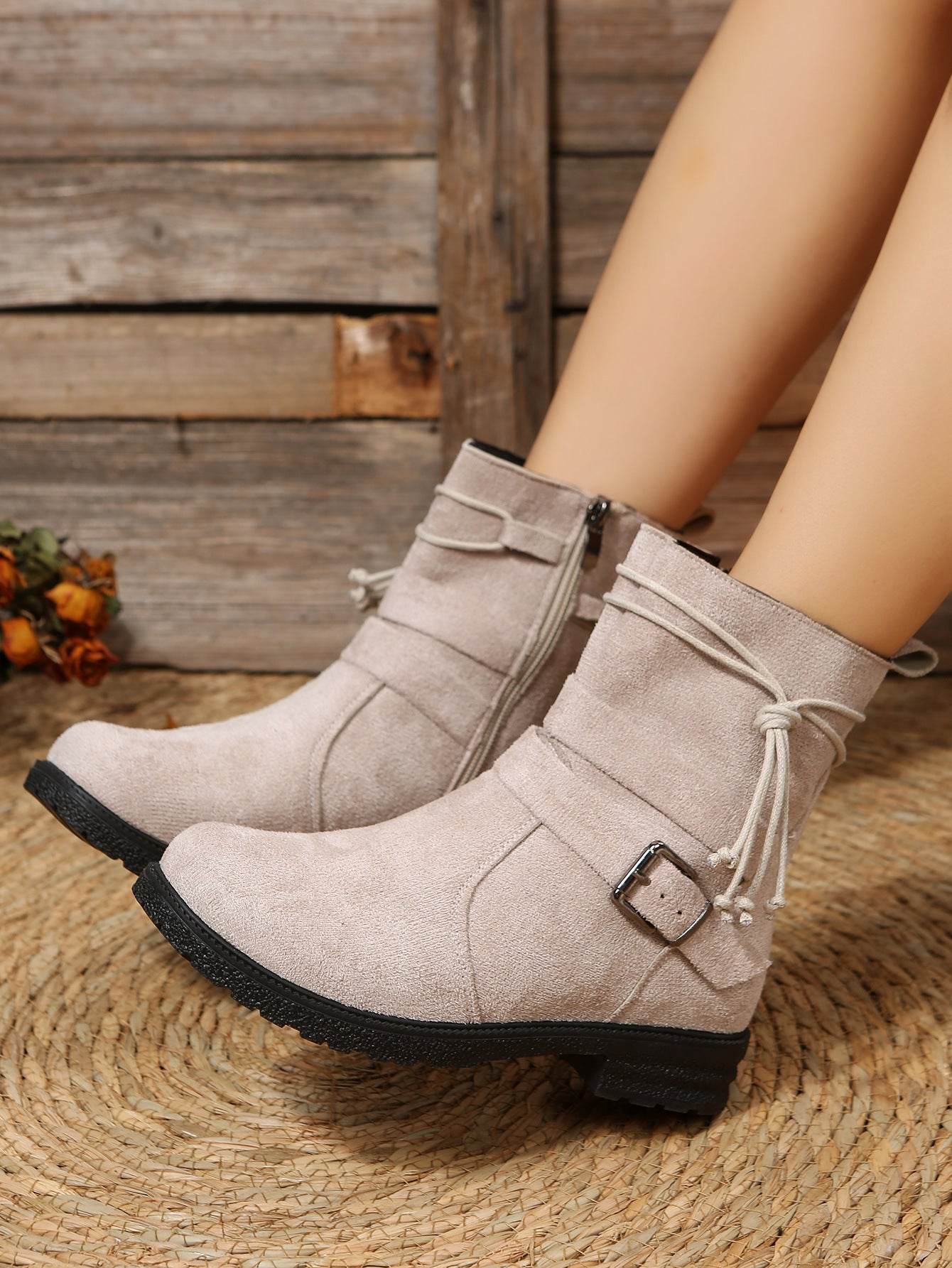 Round Toe Buckle Shoes Casual Retro Boots With Side Zipper Low Heel Outdoor Non Slip Ankle Boots For Women - Here2Save