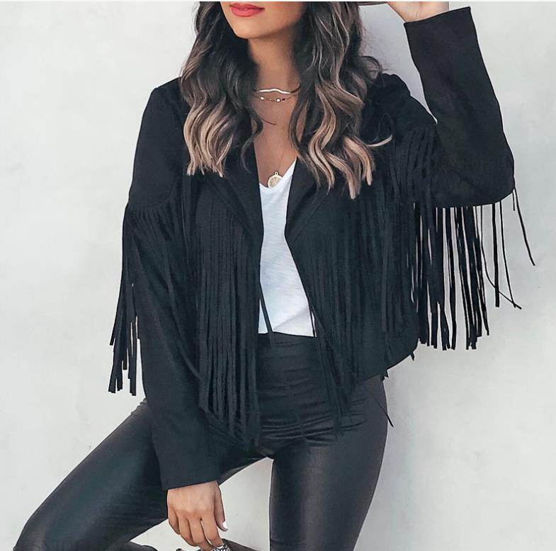 Women's Faux Suede Leather Fringe Jacket Motorcycle Moto Biker Short Open Front Tassel Coat - Here2Save