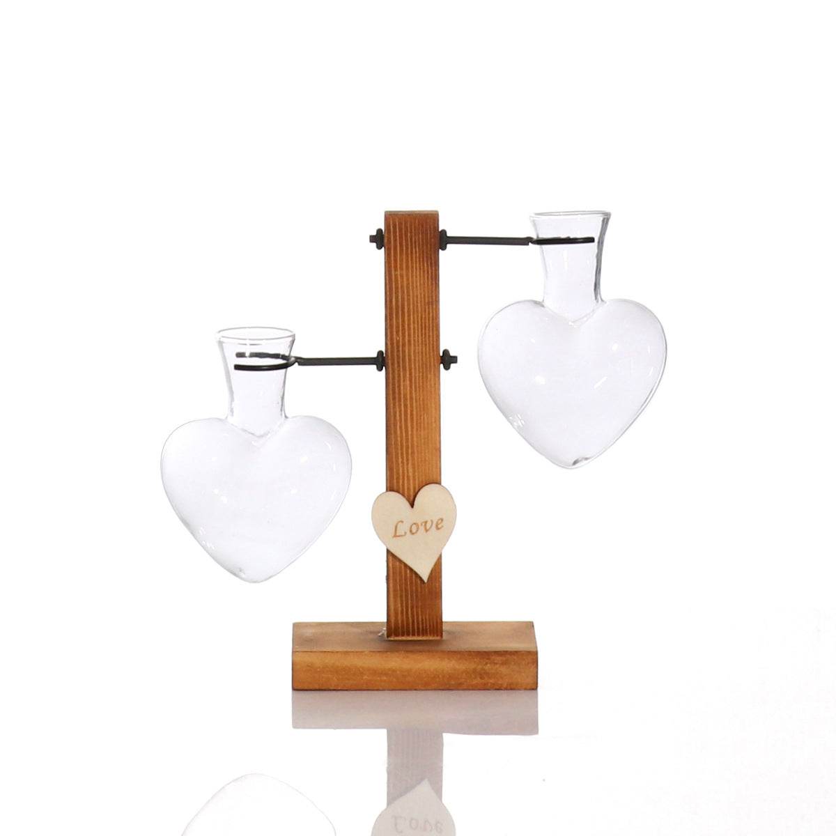 Love Heart Shape Clear Glass Hydroponic Flower Vase Terrarium Wooden Stand Holder Decoratio Glass Tabletop Plant Flower Vase - Here2Save