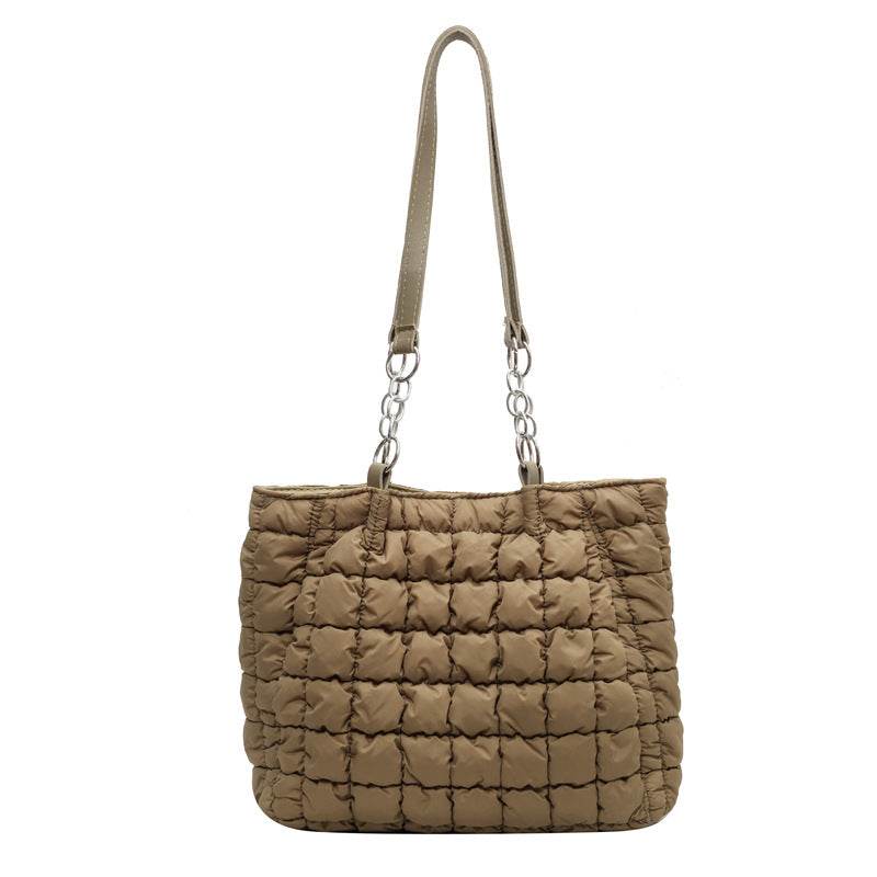 Chain Plaid Down Hanbags Large Capacity Bubble Designer Tote Bag Women's Autumn And Winter Fashion Pleated Armpit Shoulder Bag - Here2Save