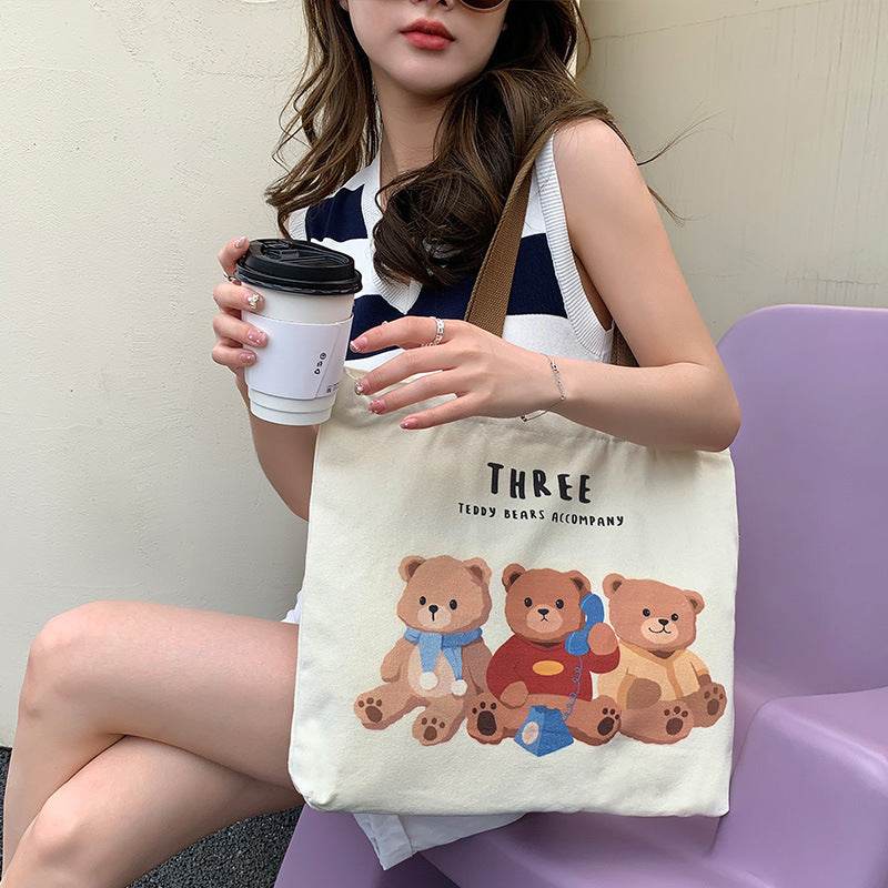 Cute Bear Printed Canvas Bag Women All-match Shoulder Bags Student Large Capacity Daily Handbags - Here2Save