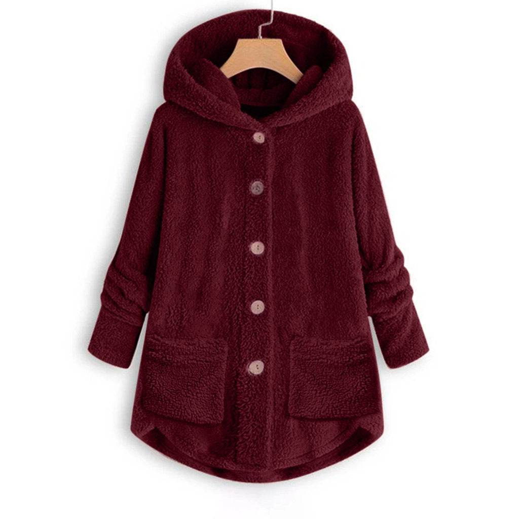 Buttoned Irregular Hooded Plush Top - Here2Save