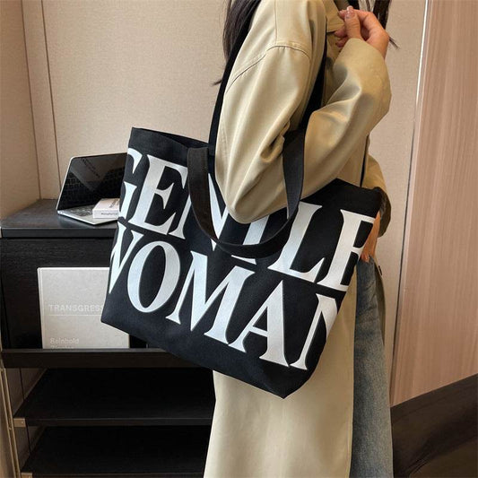 Large Capacity Canvas Bag Women Letter Printed Shoulder Travel Simple Handbags Travel Casual Daily Shopping Bags Totes - Here2Save