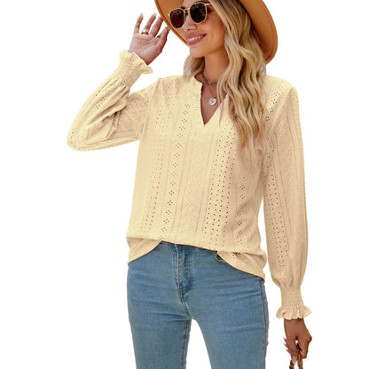 Solid Color Hollow-out Pleated Ruffle Shirts Sleeve V-neck Loose Long Sleeve Tops Women - Here2Save