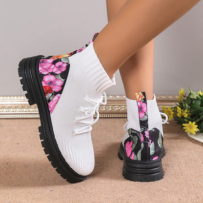 Flowers Print Sock Boots Knitted Mesh Shoes Breathable High-top Elastic Slip-on Shoes For Women Autumn Winter Ankle Boots