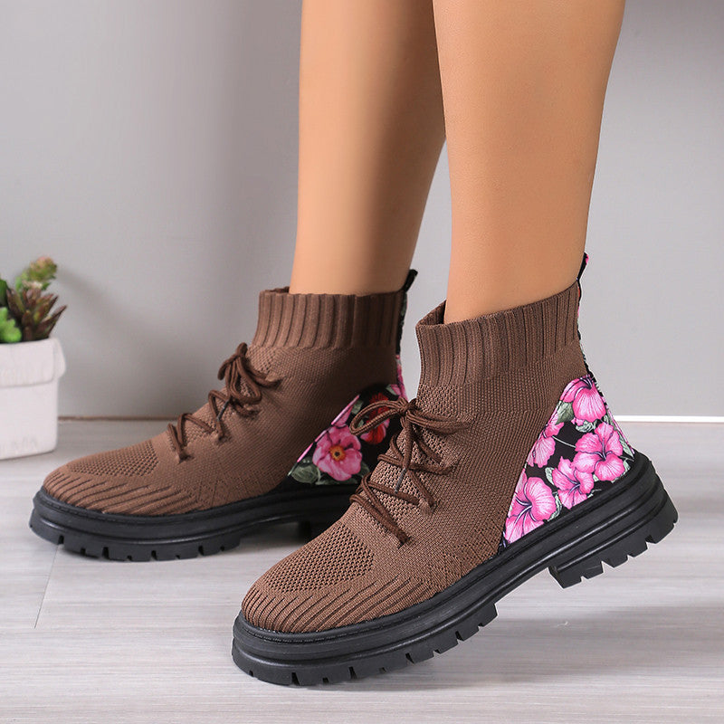 Flowers Print Sock Boots Knitted Mesh Shoes Breathable High-top Elastic Slip-on Shoes For Women Autumn Winter Ankle Boots