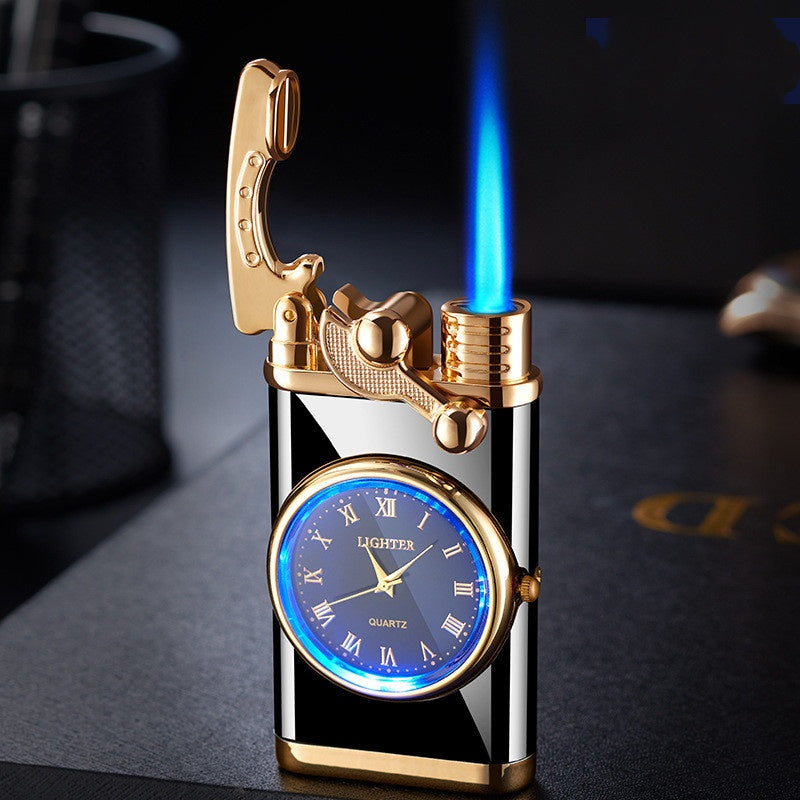 New Lighter With Electric Watch Rocker Arm Automatic Ignition Straight Blue Flame Lighter Creative Real Dial Inflatable Windproof Lighter Men's Watch Gift - Here2Save