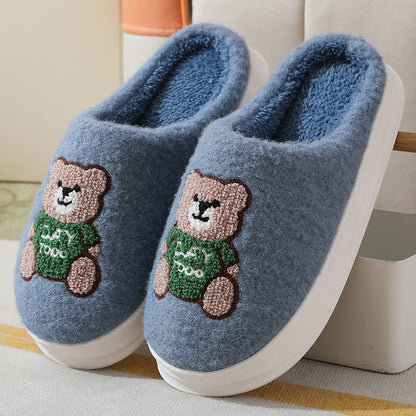 Preciosas zapatillas de lana de oso de dibujos animados para mujer, zapatillas de casa antideslizantes de suela gruesa de invierno para interiores, zapatos de casa cálidos y transpirables para el suelo del dormitorio