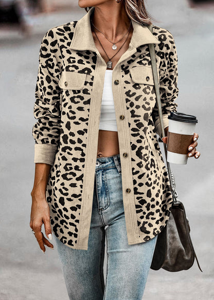 Abrigo camisero con estampado de leopardo Chaqueta de manga larga con botones a la moda para mujer