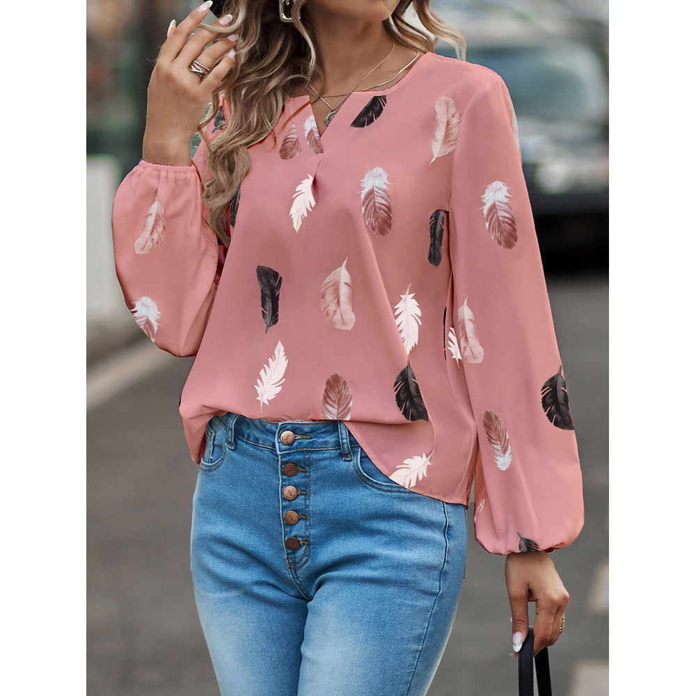 Polo con estampado de plumas Camisa de manga larga tipo farol Cuello vuelto Tops con botonadura Ropa