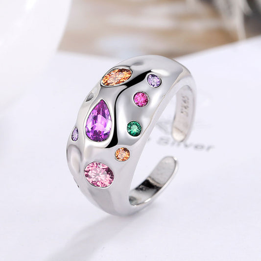 Colorful Rhinestones Rings For Women Temperament Niche Luxury Opening Ring