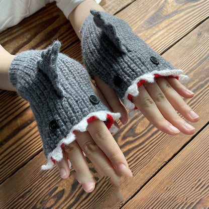 New Cartoon Grey Shark Warm Half Finger Knitted Gloves - Here2Save