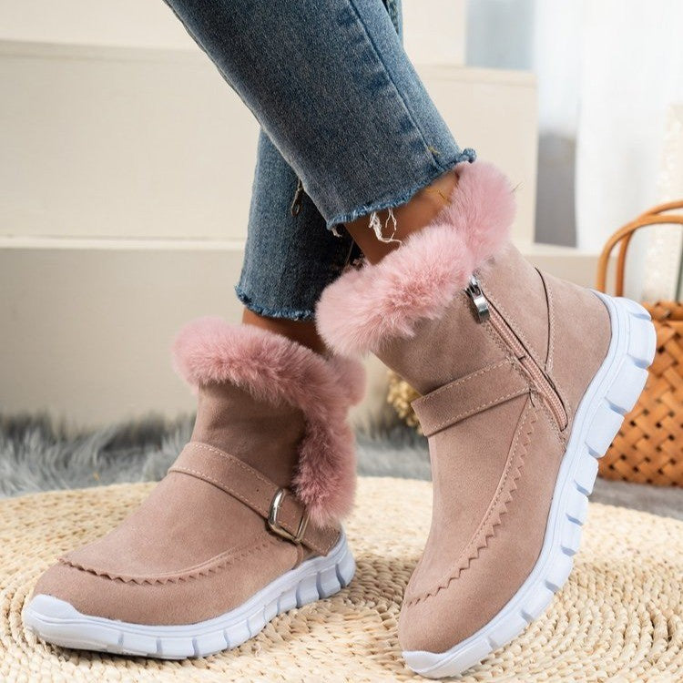 Nuevas botas de nieve, botines de felpa de Color sólido gruesos y cálidos para invierno con diseño de hebilla, además de zapatos planos de terciopelo para mujer