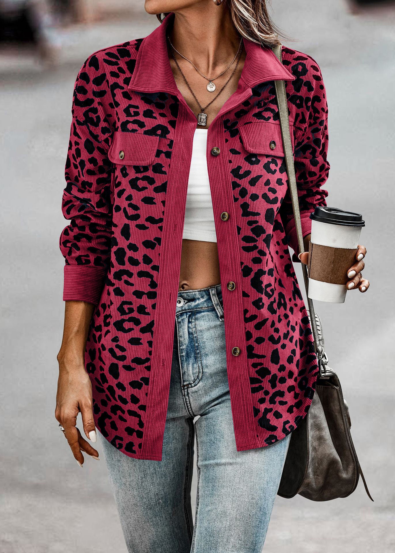 Abrigo camisero con estampado de leopardo Chaqueta de manga larga con botones a la moda para mujer