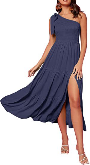 New Summer Fashion Women's One-shoulder Pleated Layered Hem Split Dress - Here2Save