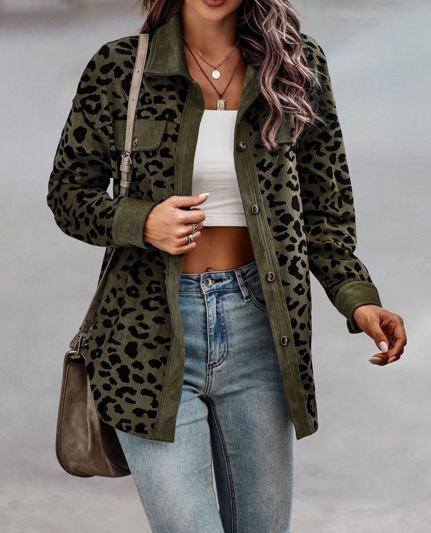 Abrigo camisero con estampado de leopardo Chaqueta de manga larga con botones a la moda para mujer