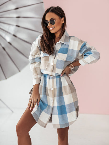 Women's Fashion Long Sleeve Color Plaid Brushed Woolen Long Coat