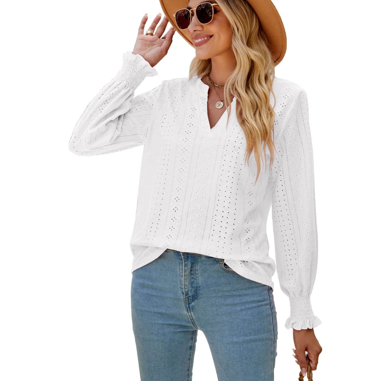 Solid Color Hollow-out Pleated Ruffle Shirts Sleeve V-neck Loose Long Sleeve Tops Women - Here2Save
